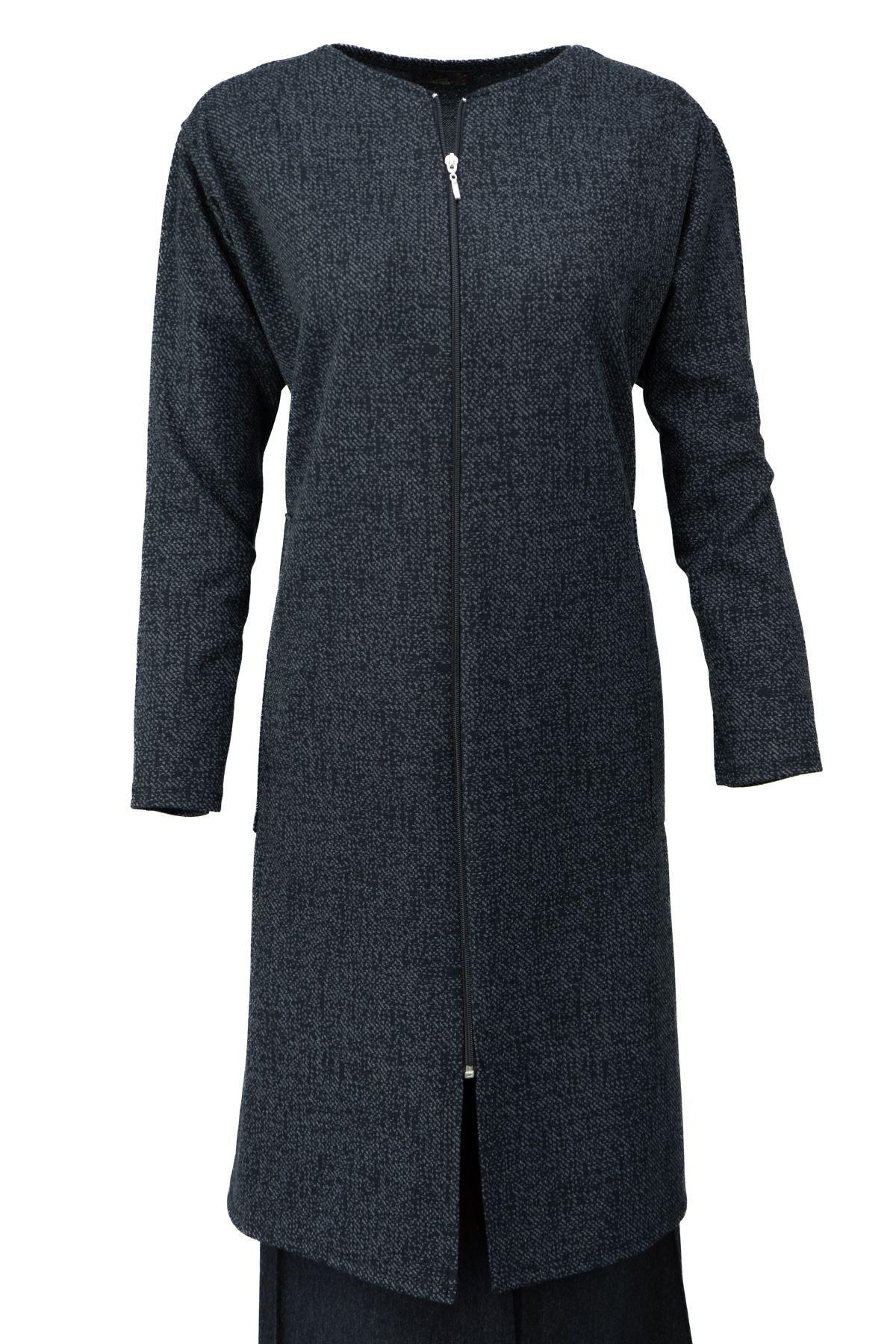 Kadın Kışlık Anne Uzun Hırka Pamuklu Fermuarlı V Yaka Çift Cepli Likralı Yasemen Modelli